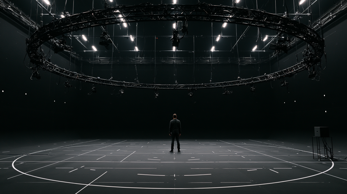 A contributor standing alone on a marked capture floor beneath a circular multi-camera sensor rig