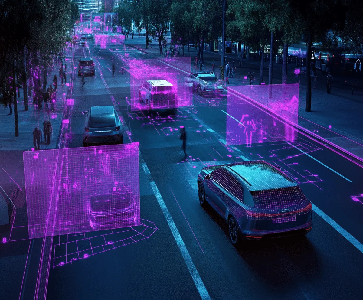 Street scene with translucent segmentation masks drawn over road, vehicle and pedestrian regions.
