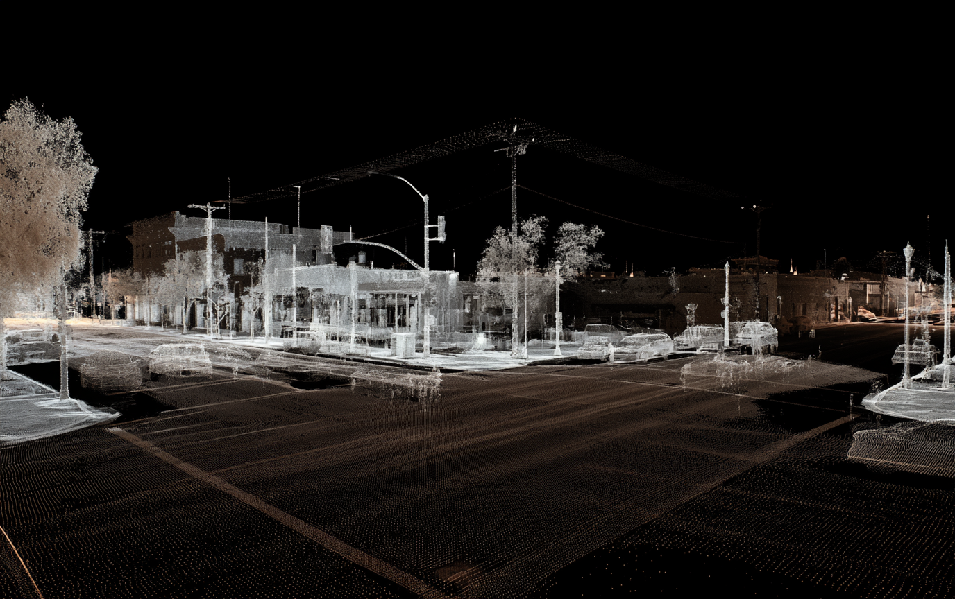 LiDAR point cloud of a street scene with a drawn 9-DoF annotation cuboid.